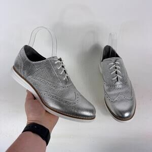 Cole Haan Grand.Os Oxford Shoes Womens 9 Metallic Silver Wingtip Lace-Up Comfort